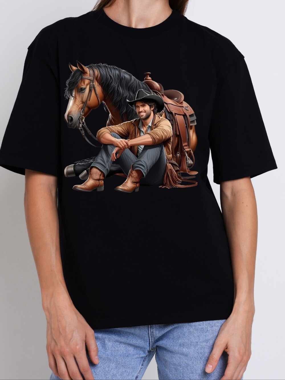 Luxury Black Western Cowboy & Horse Graphic Tee - Sizes M & L